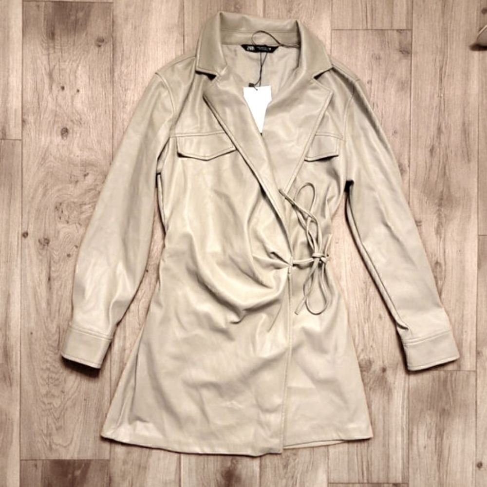 Zara Faux Leather Wrap Long Sleeve Mini Dress Tan Size S